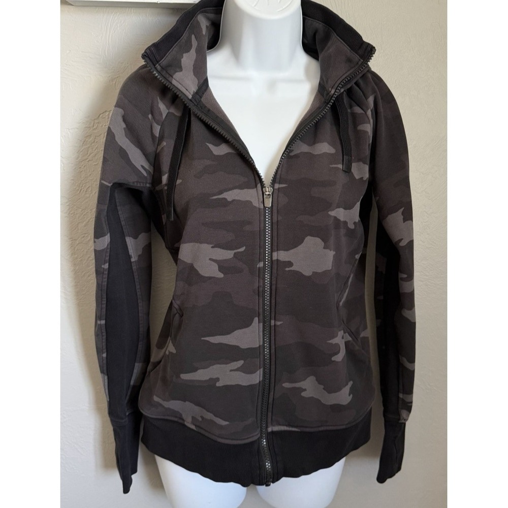 Athleta Hooded Jacket Womens Size Small Gray Camo Full Zip Fleece Athleisure